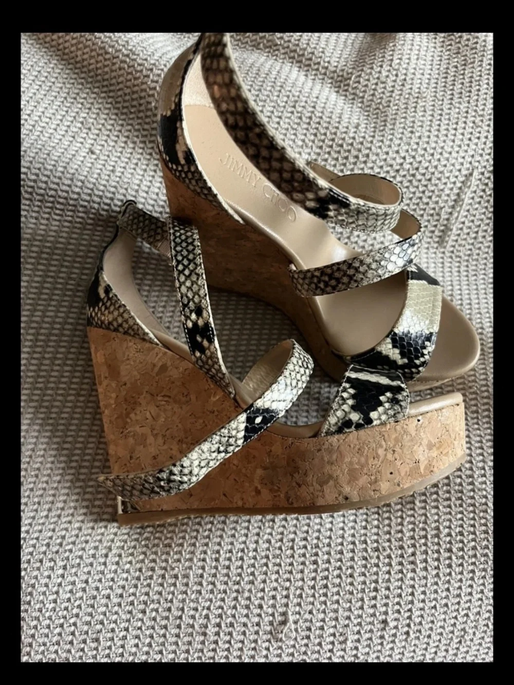 Jimmy Choo Portia Snake Embossed Cork Platform Wedges Size 37.5